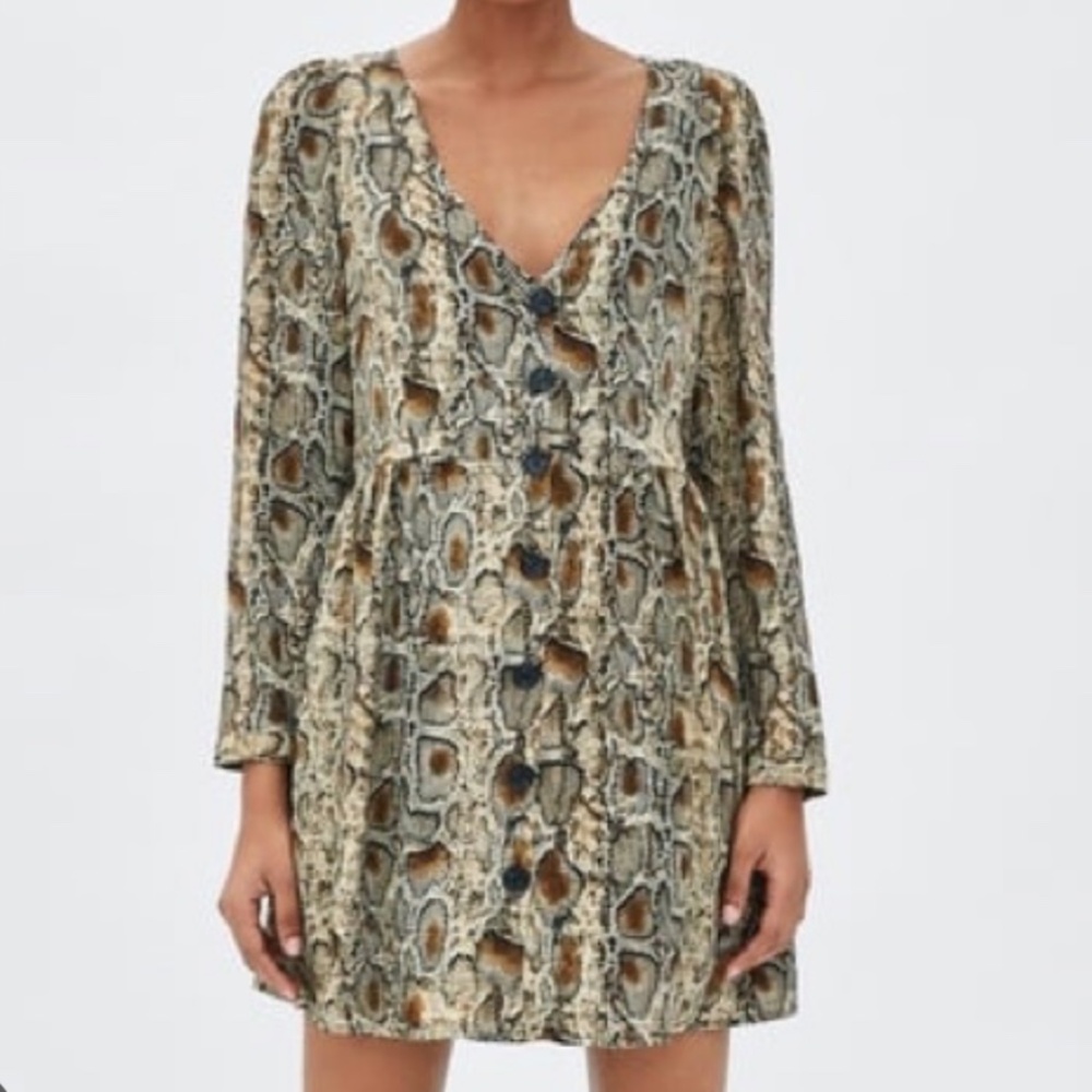 ZARA - Snakeskin Button Up Babydoll Mini Dress - Size M